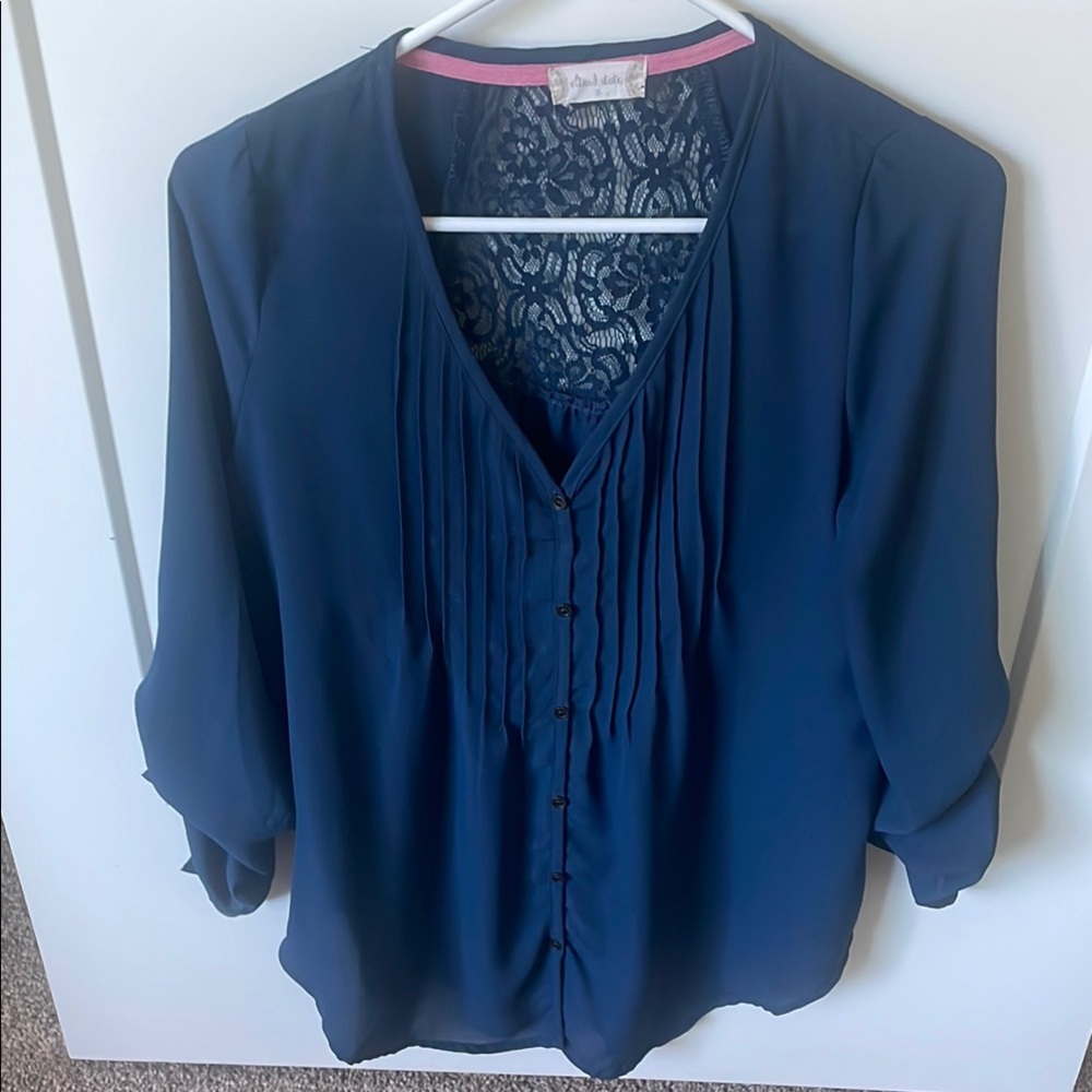 Lace-Back Pintuck Navy Blouse - Women